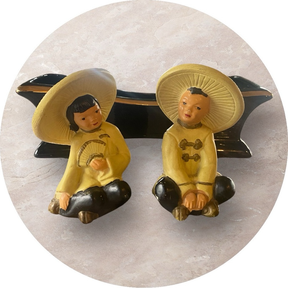 Vintage mid-century chalk ware Asian couple